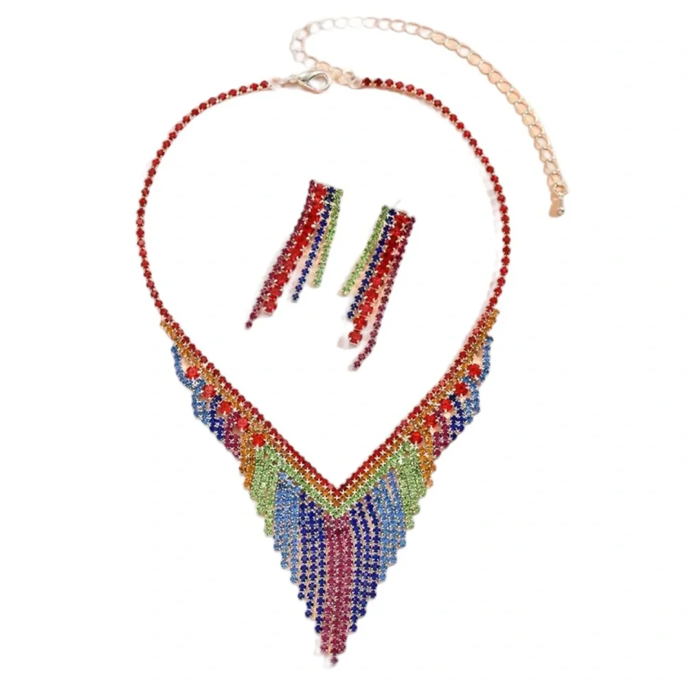 Colorful Rhinestone Earrings and Necklace Matching Set